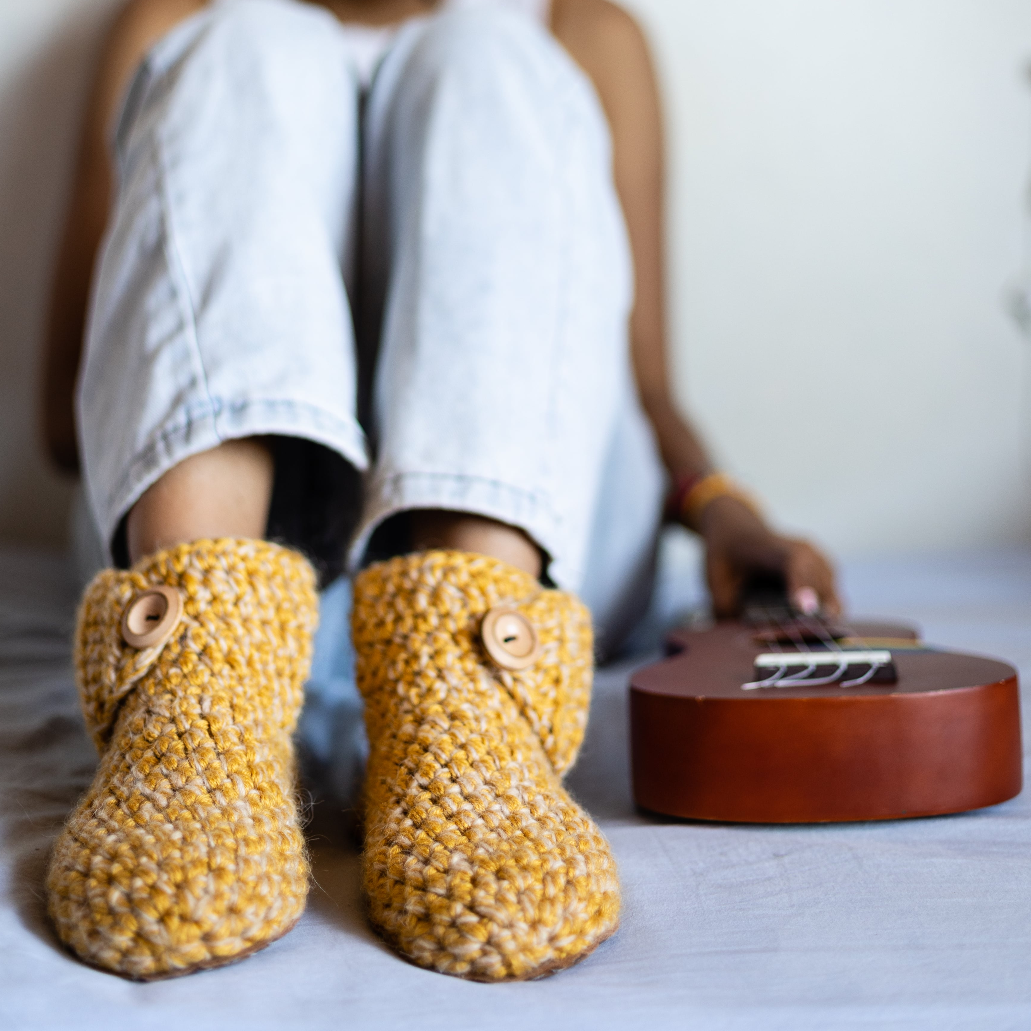Butterscotch Yellow Bootie Slippers with Ukulele