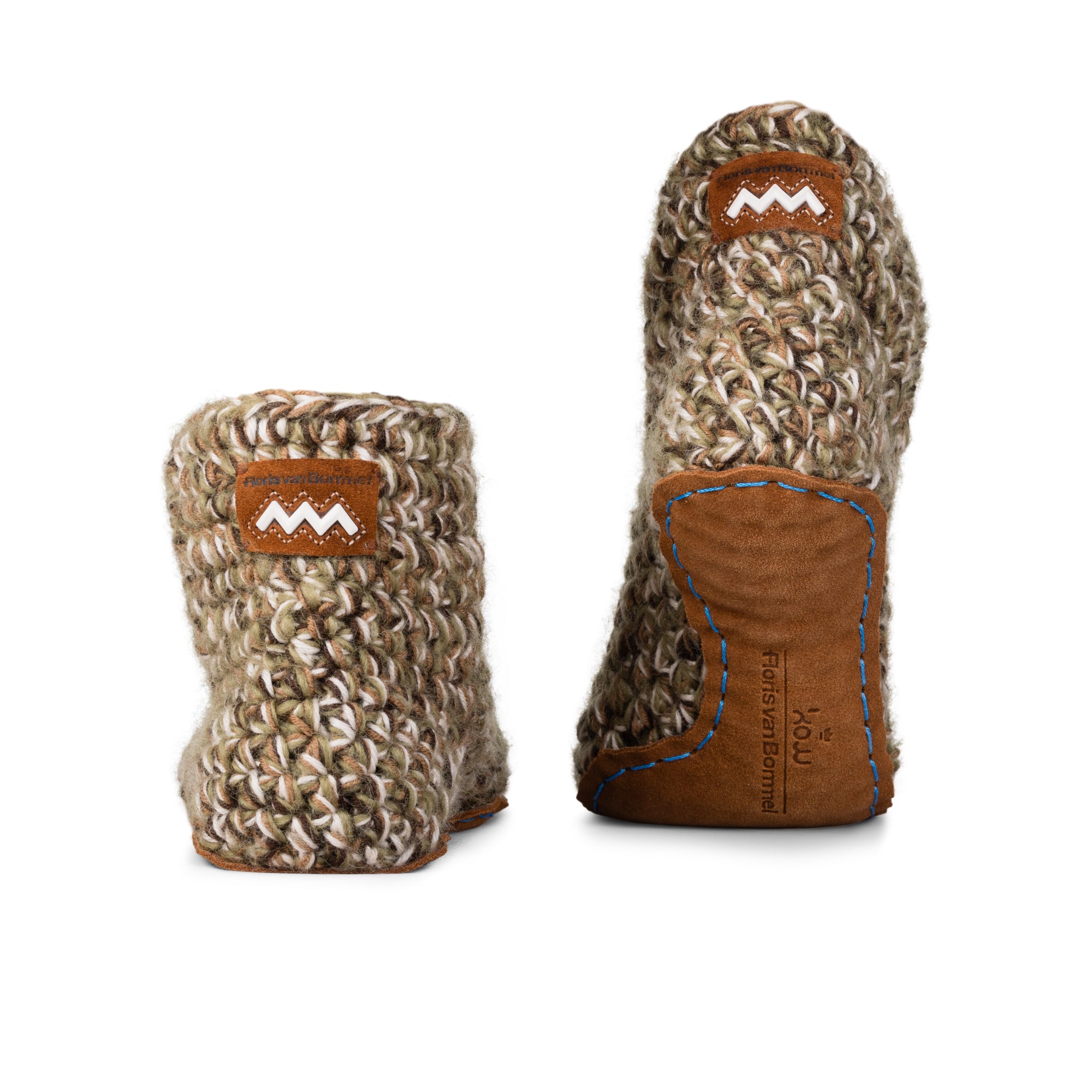 Floris x KOW slippers. A pair of Camo green knit slippers with leather soles on a white background. Back view.