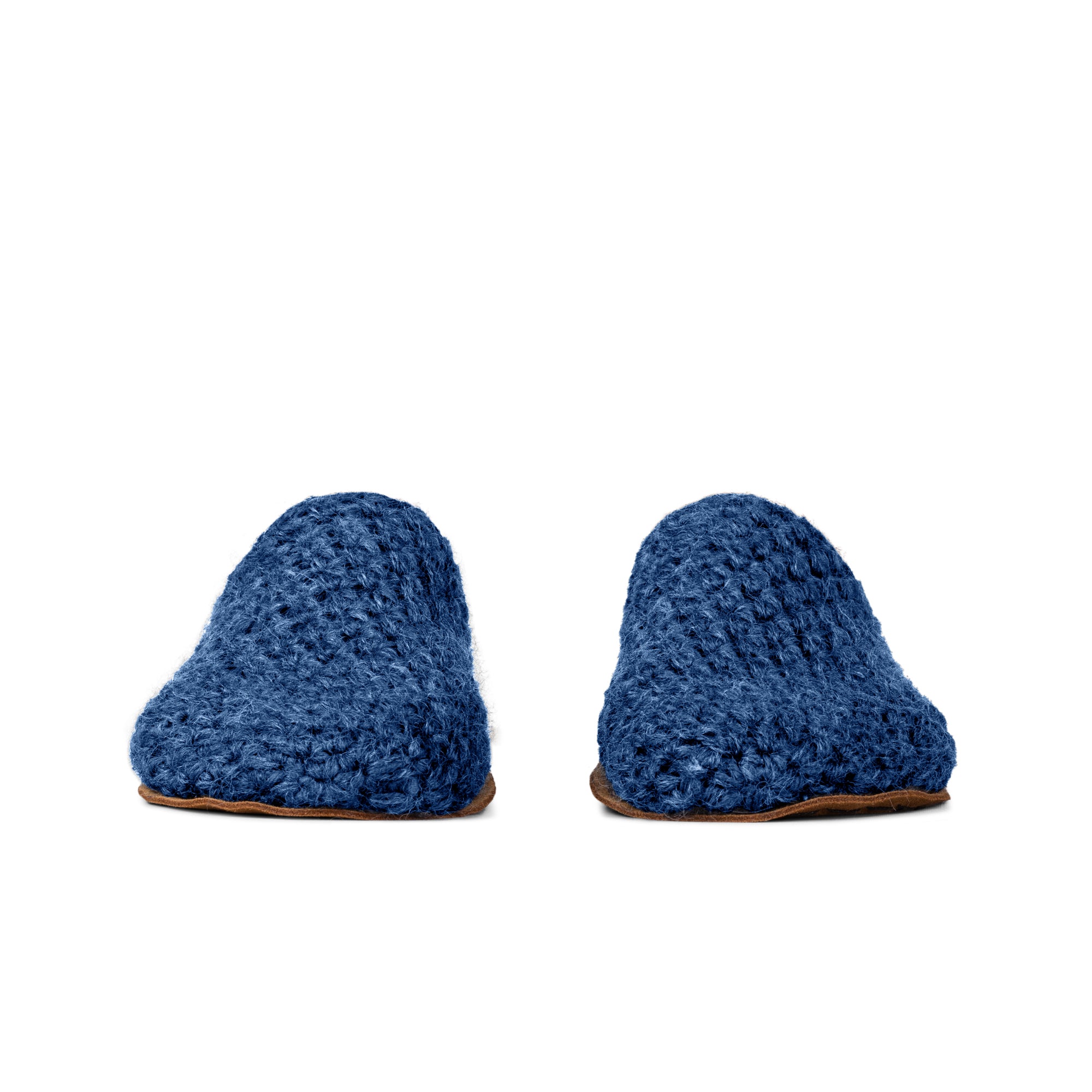 Pair of blue knitted slippers on a white background