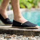 Man Walking around Pool Wearing Jet Black Espadrilles. Close Up