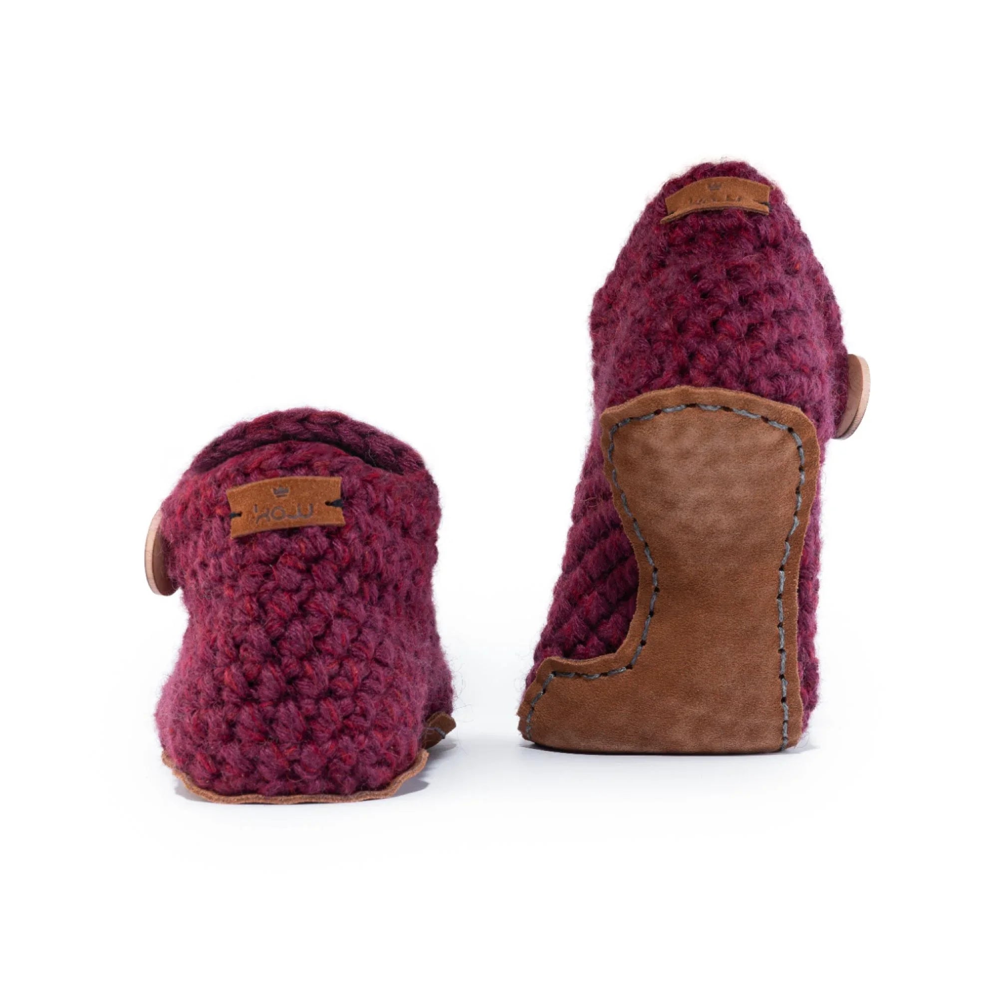Maroon Red Ankle Bootie Wool Slippers with leather soles by Kingdom of Wow_back view