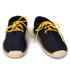 Dark Blue Mens Lace Up Espadrilles with yellow laces and stitching (Front View)