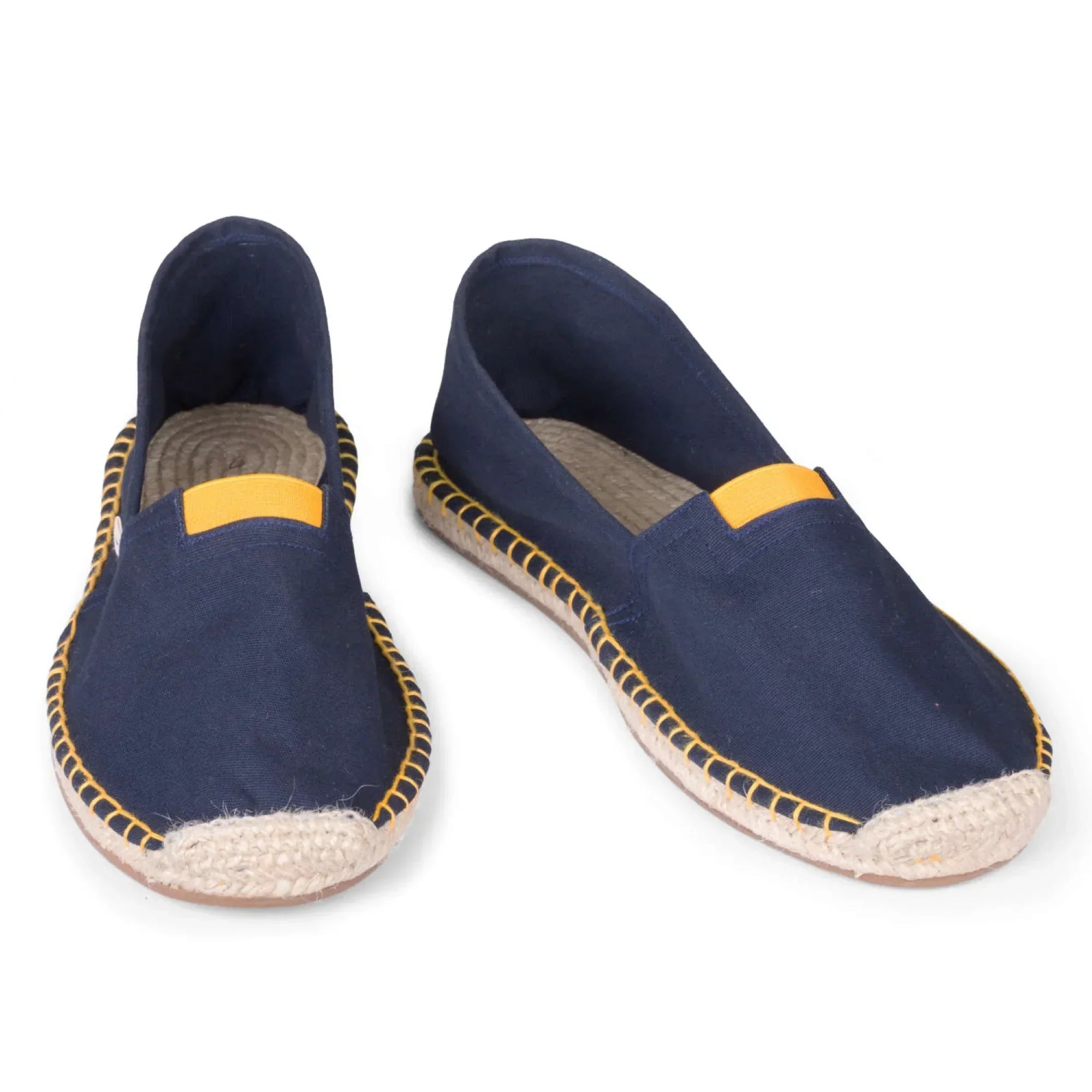 Dark blue extra fit espadrilles for men with yellow detailing front view