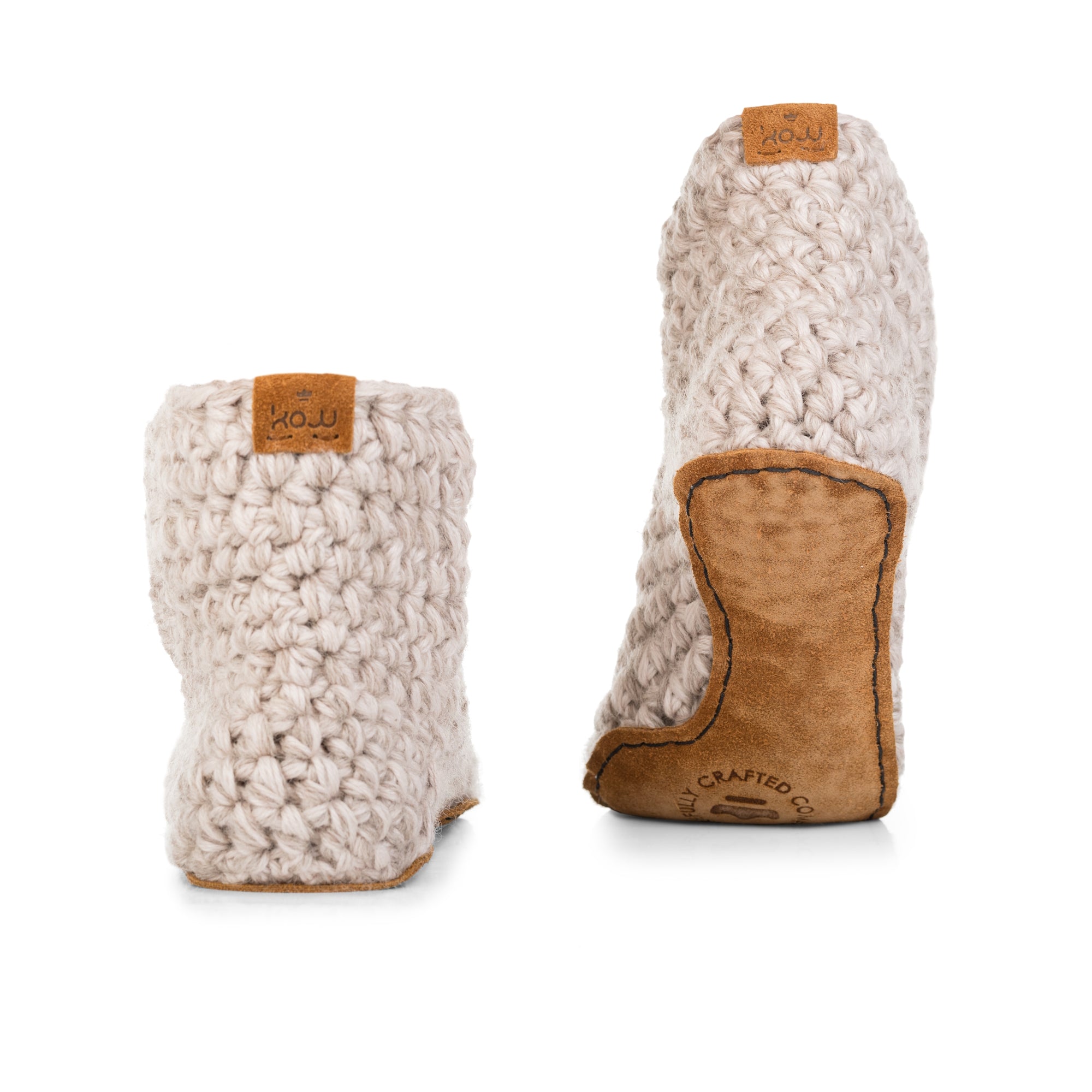 Beige Extra Chunky Slippers Handmade with six strands of wool and bamboo. Leather soles. Back view 
