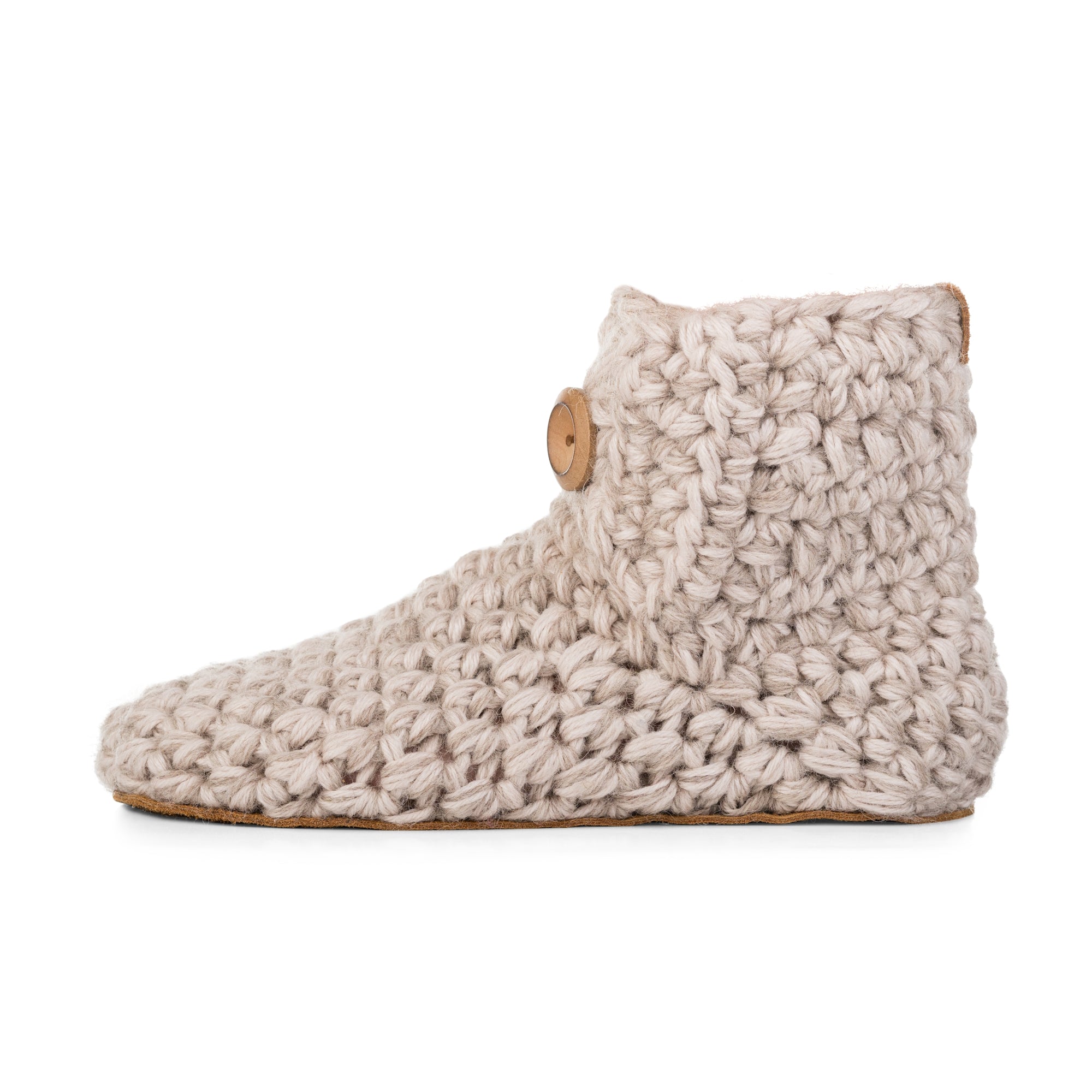 Beige Extra Chunky Slippers Handmade with six strands of wool and bamboo.  Side view 