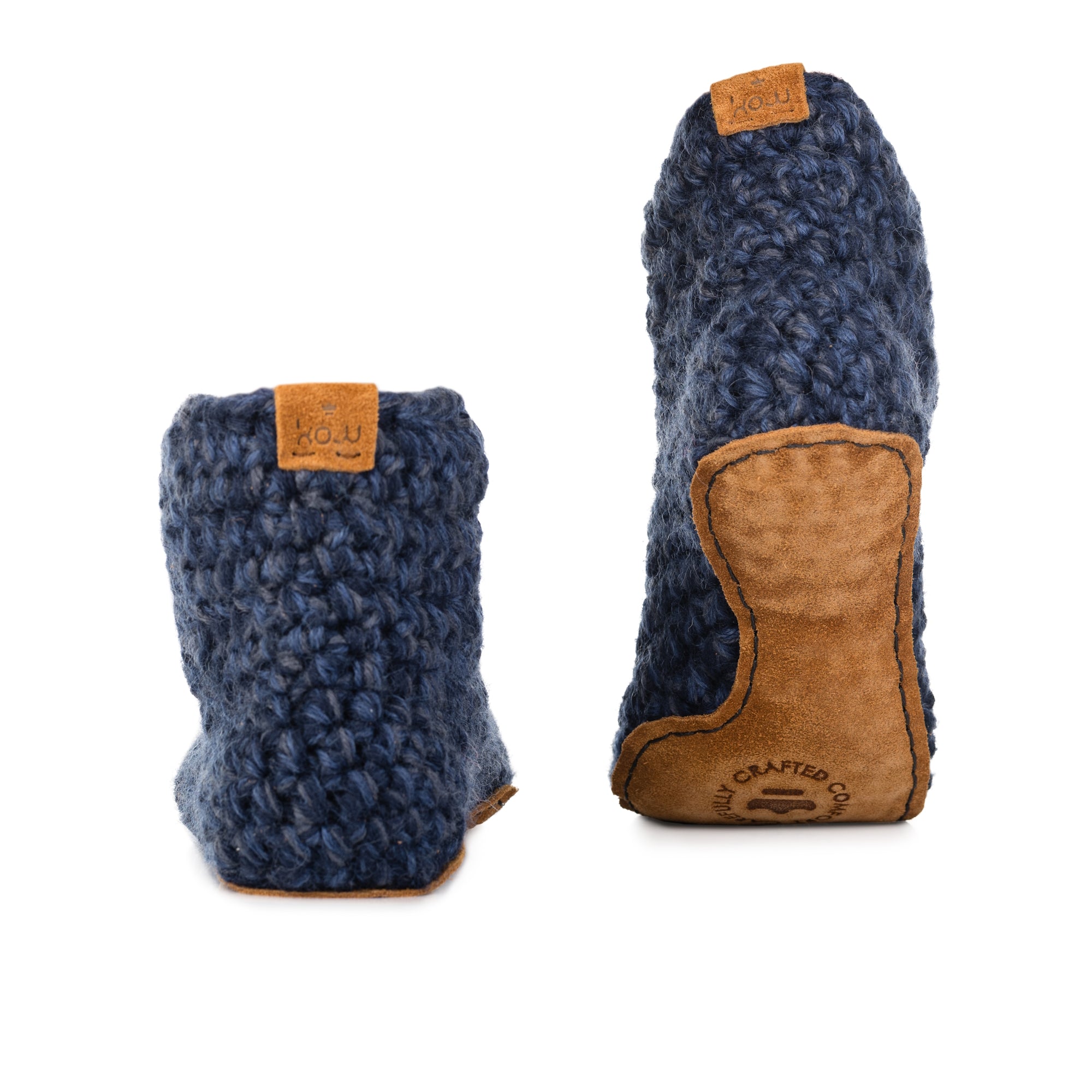 Blue Extra Chunky Slippers Handmade with six strands of wool and bamboo. Leather Soles. Back view 