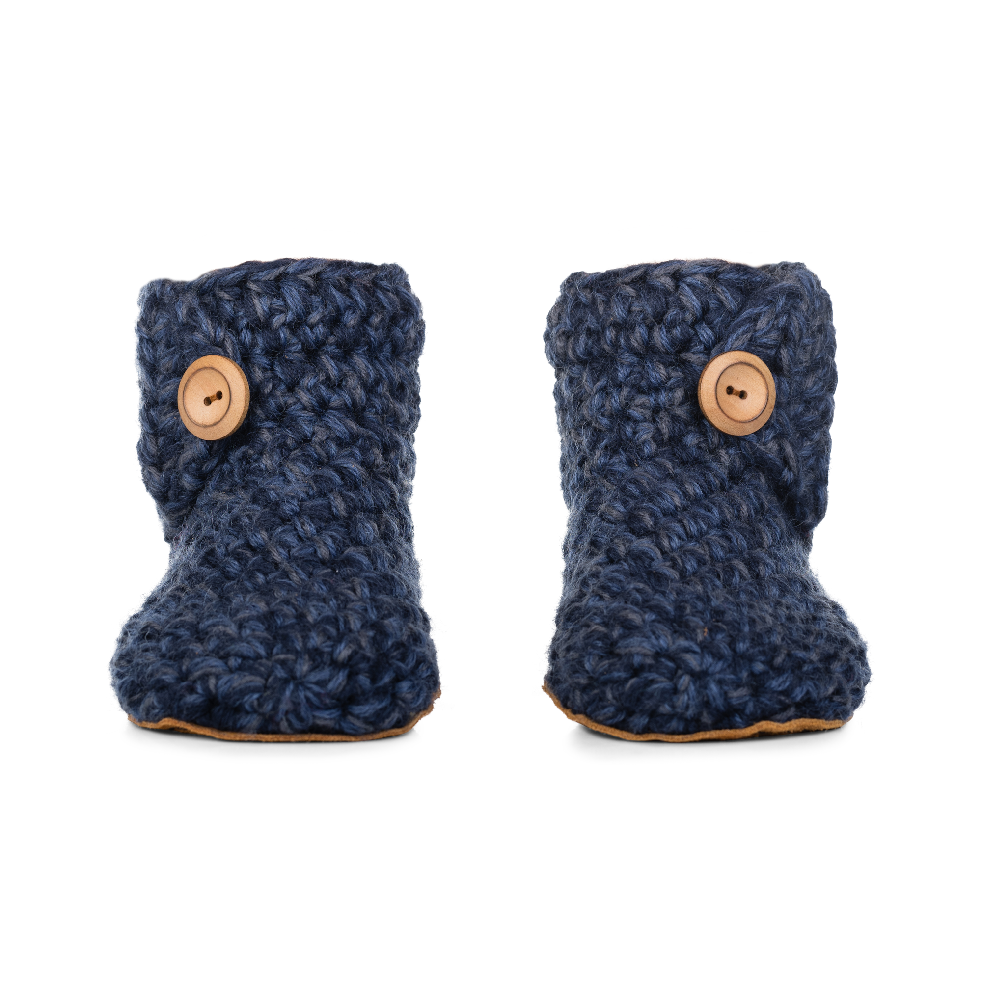 Blue Extra Chunky Slippers Handmade with six strands of wool and bamboo. Front view 