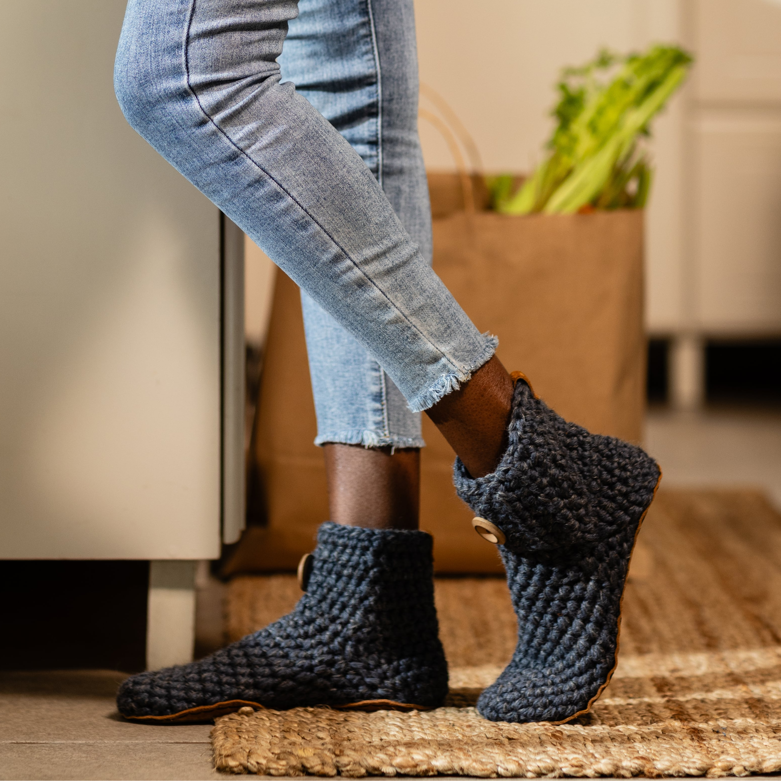 Charcoal Gray Bootie Slippers, Groceries in the Background