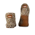 Floris x KOW slippers. A pair of Camo green knit slippers with leather soles on a white background. Back view.