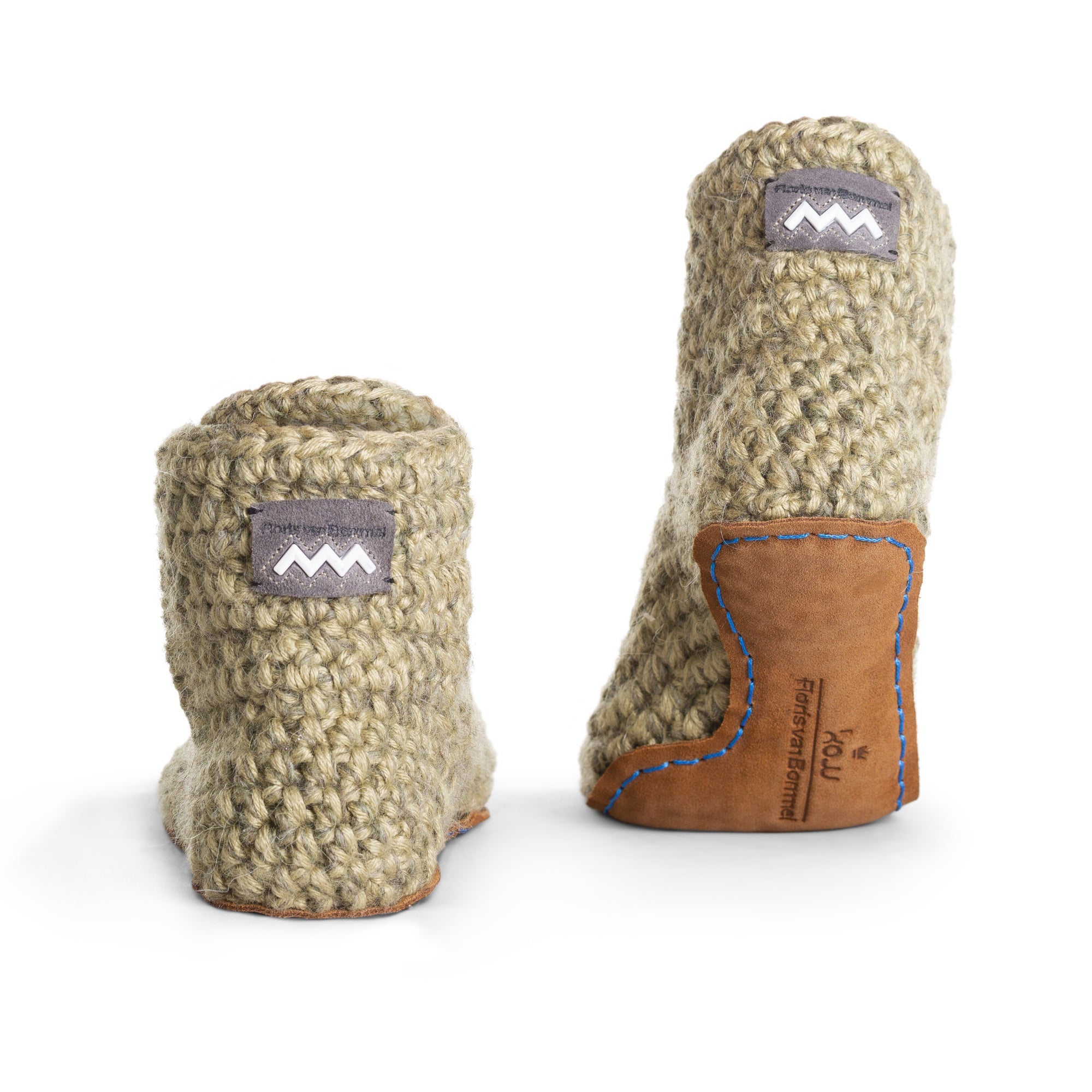 Floris x KOW slippers. A pair of winter moss green crocheted slippers with leather soles on a white background. Back view.