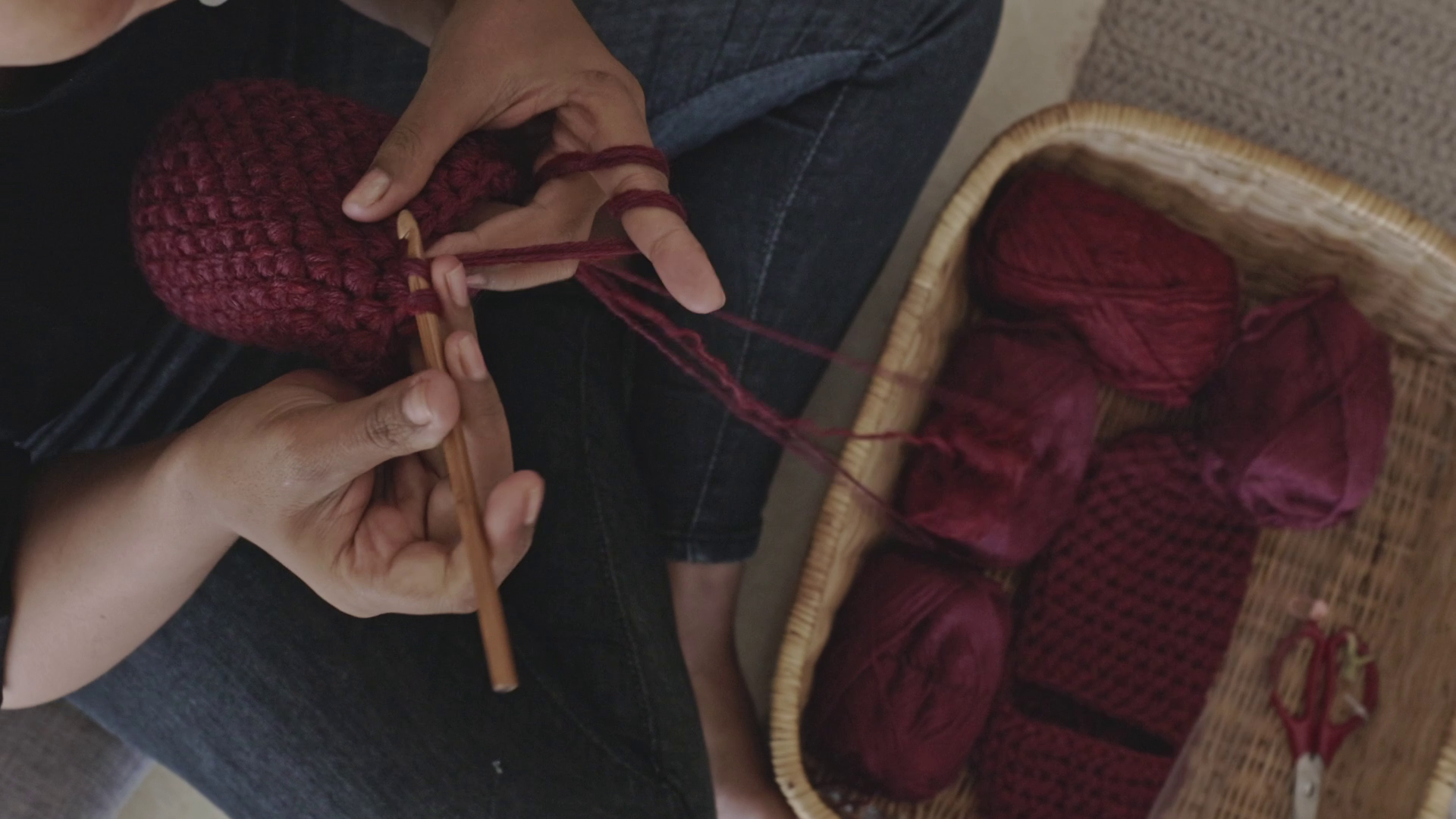 Mulberry Red Slipper being crocheted