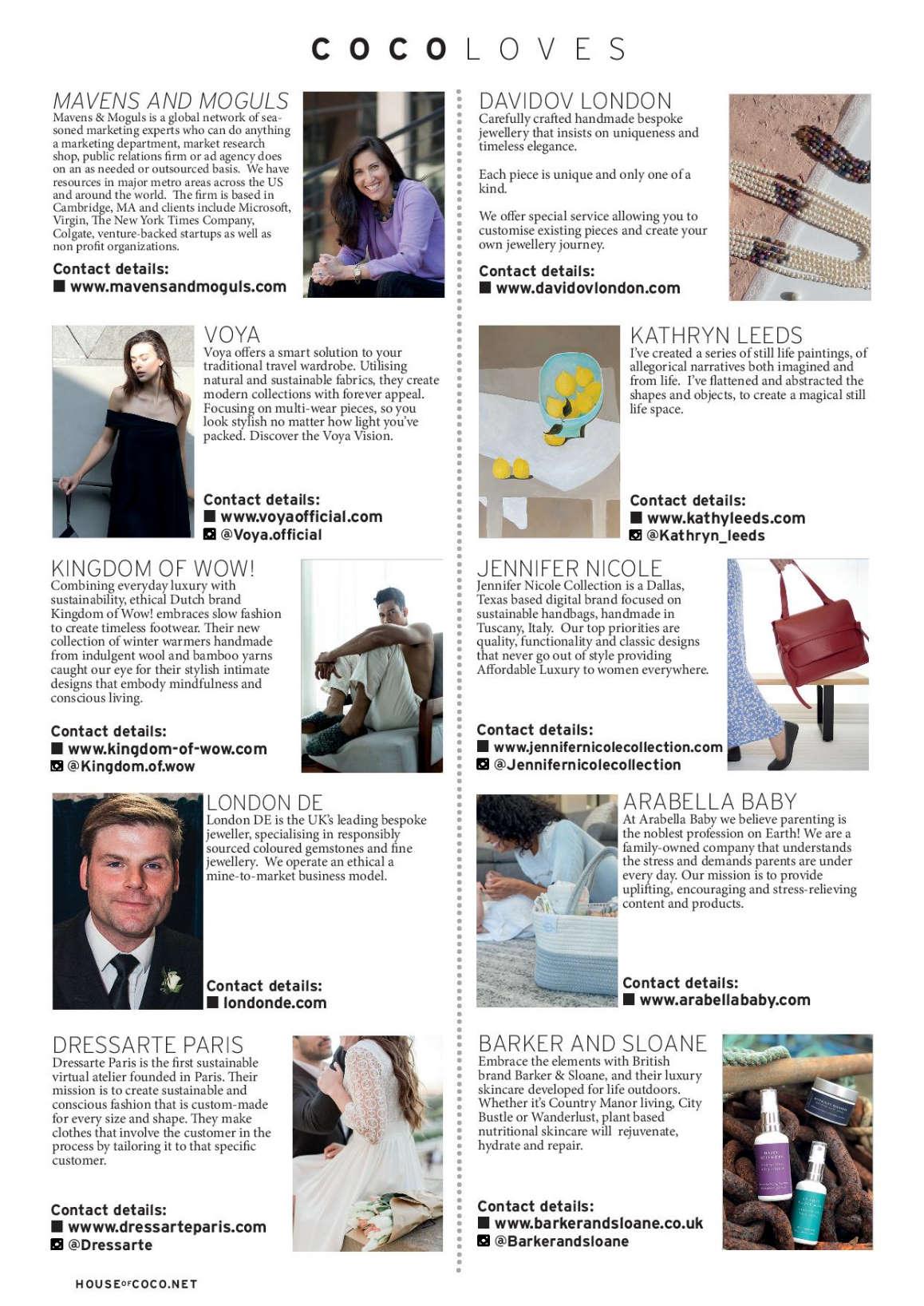 Magazine layout with various brand profiles and contact information.