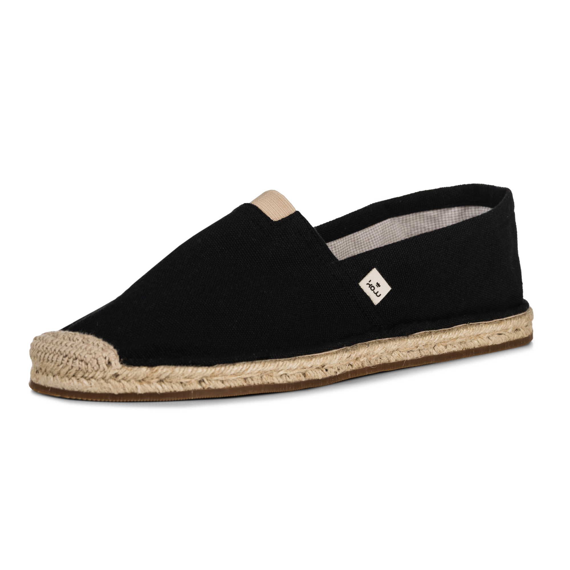 Black espadrille shoe with jute sole on a white background