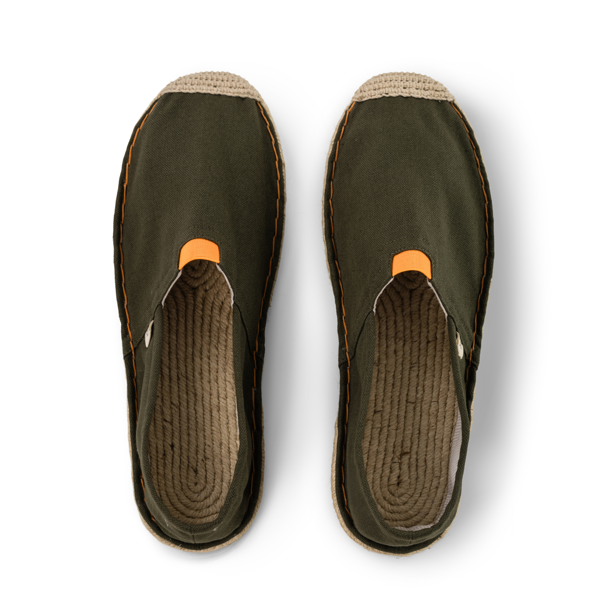 Pair of khaki green shoes with jute rope soles on a white background