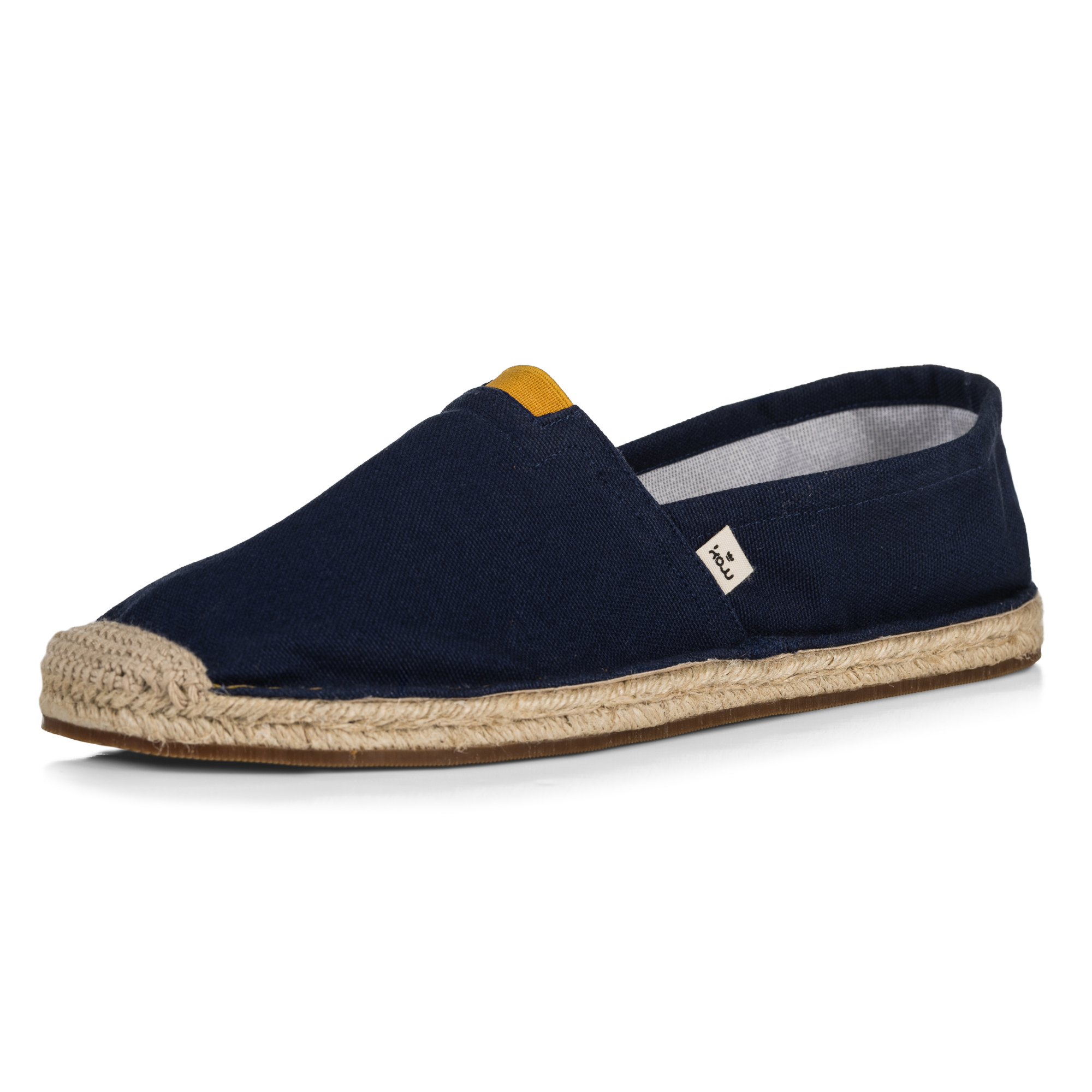 Navy blue espadrille shoe with jute sole on a white background