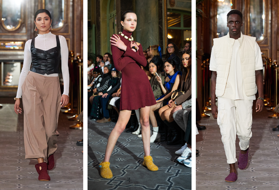 Three models on a fashion runway wearing different outfits at Paris Fashion Week. 