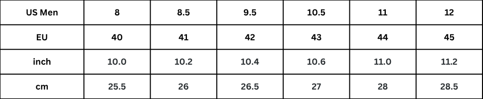 Table showing size conversions between US Men's, EU, and inch measurements.