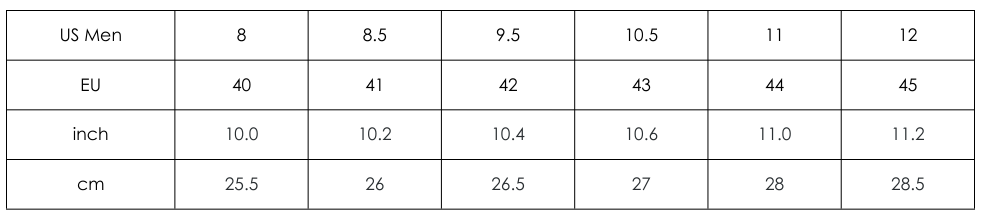 Table showing size conversions between US Men's, EU, and inch measurements.