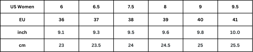 Table showing size conversions between US Women's, EU, and inch measurements.