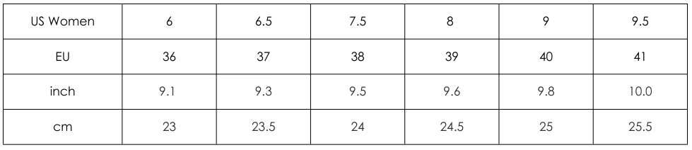 Table showing size conversions between US Women's, EU, and inch measurements.