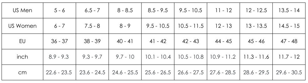 Slipper Size chart US/EU/inch/cm