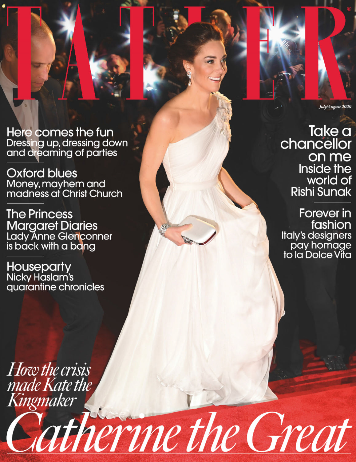 Magazine cover featuring the Princess of Wales, Kate Middleton in a white dress with text about various topics.