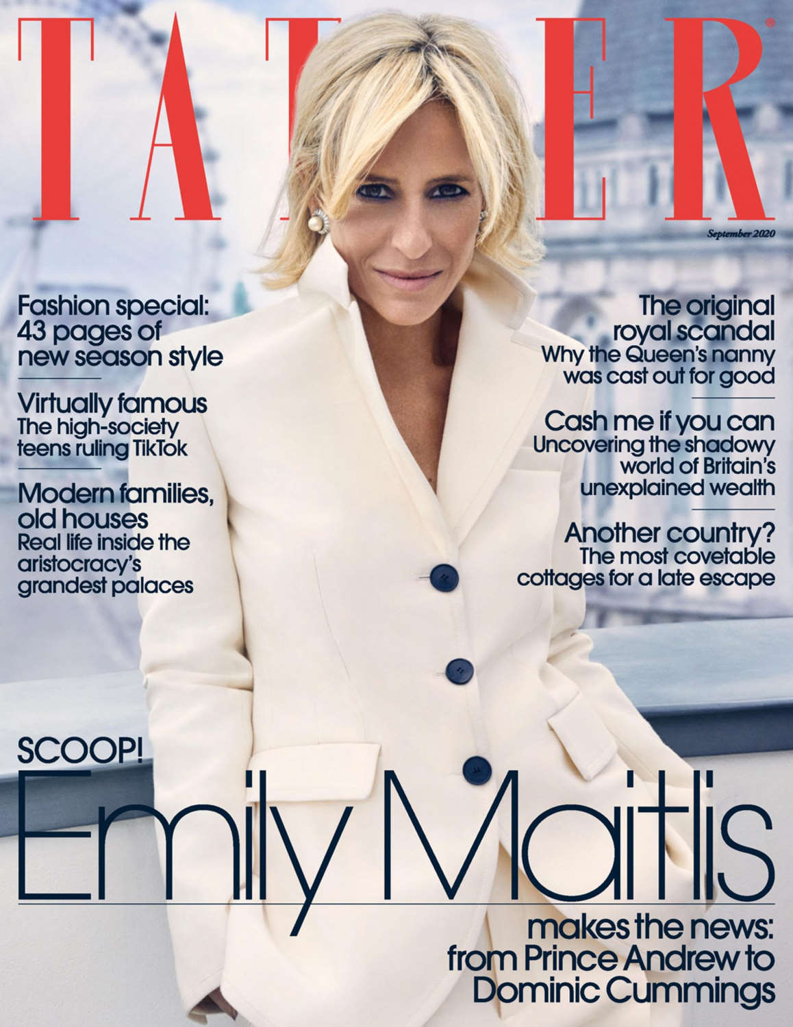 Magazine cover featuring Emily Maitlis in a white coat with text about royal scandal and Emily Maitlis.