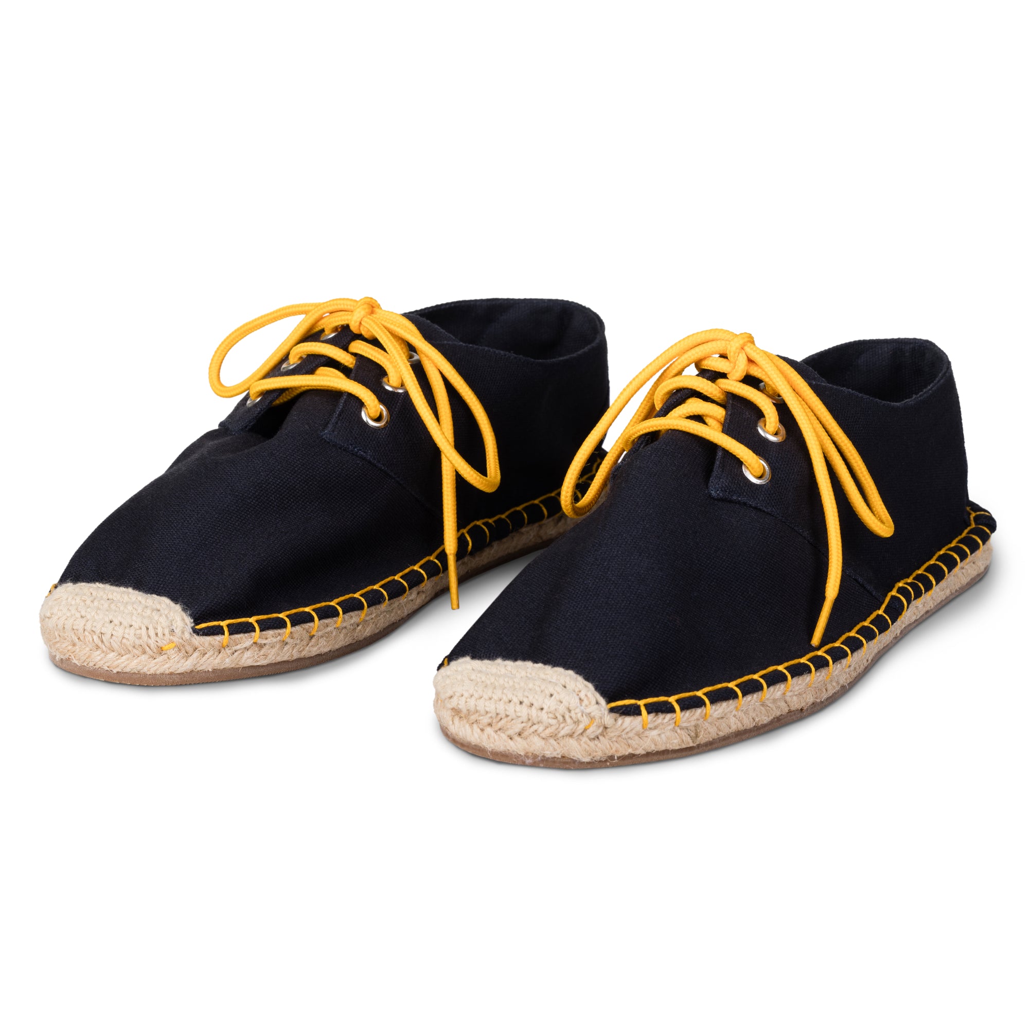 Dark Blue Lace up Espadrilles with yellow laces and stitching (Side View)