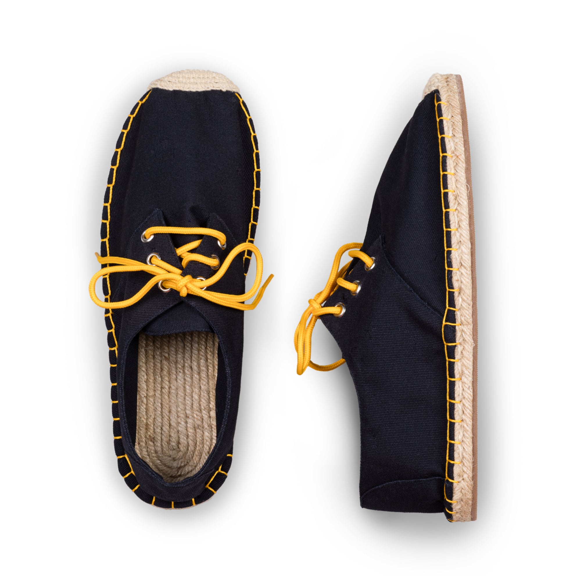 Dark Blue Lace up Espadrilles with yellow laces and stitching (Top View)