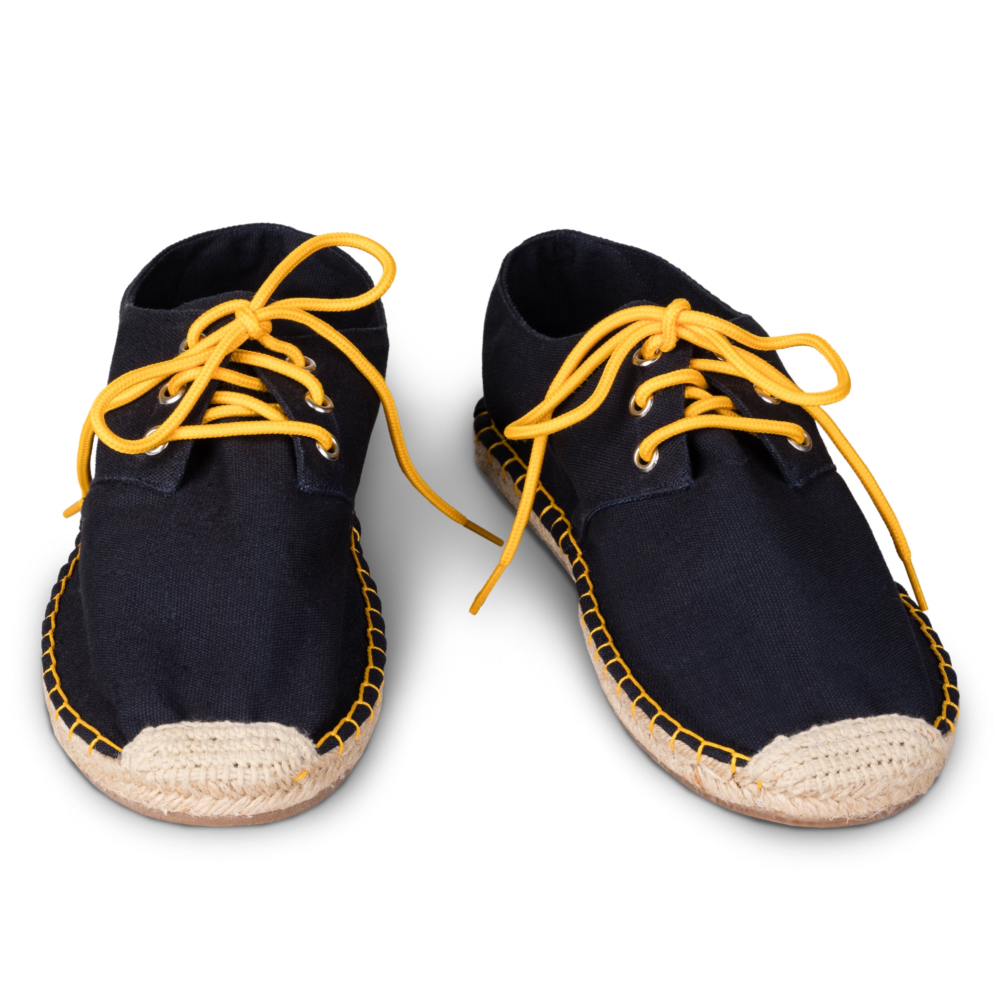 Dark Blue Mens Lace Up Espadrilles with yellow laces and stitching (Front View)