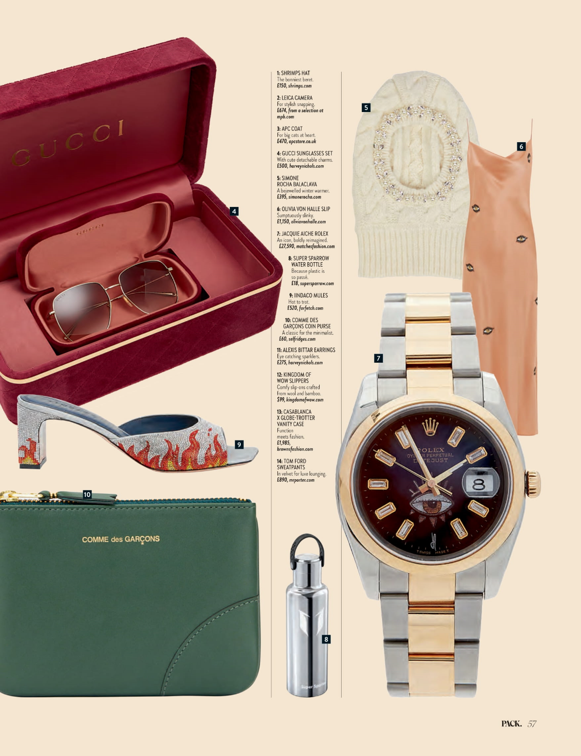 Collection of luxury items including a watch, sunglasses, shoes, and a pouch on a beige background.