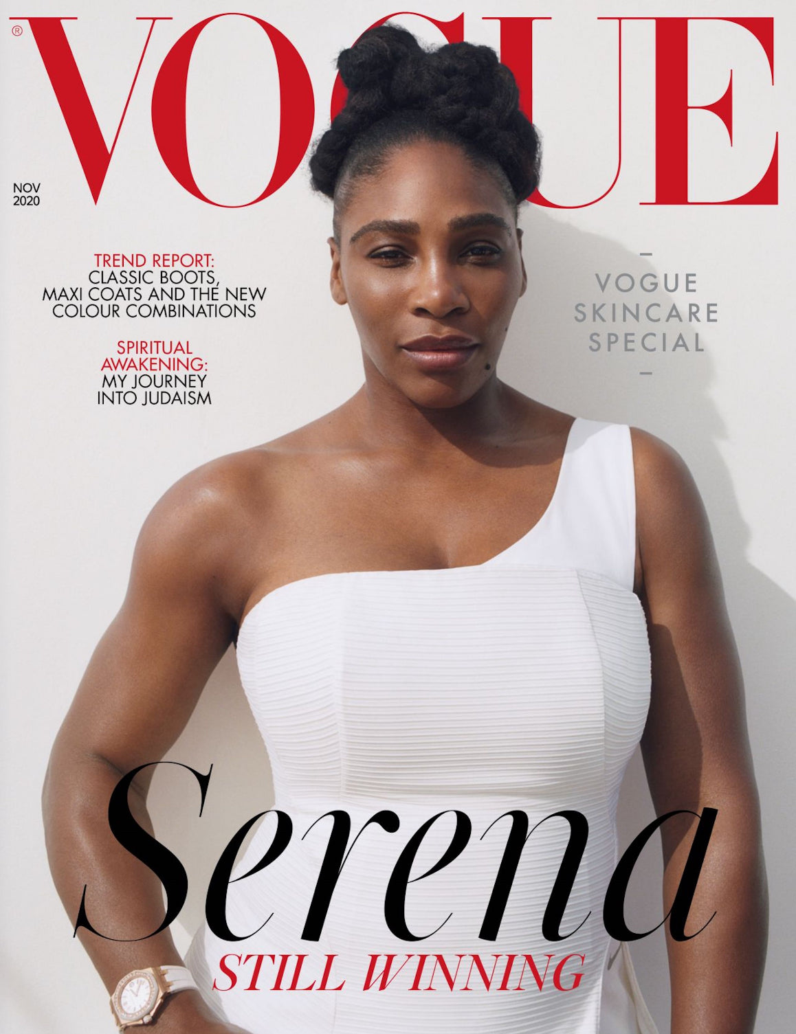 Vogue magazine cover featuring Serena Williams in a white dress with text about trends and skincare.