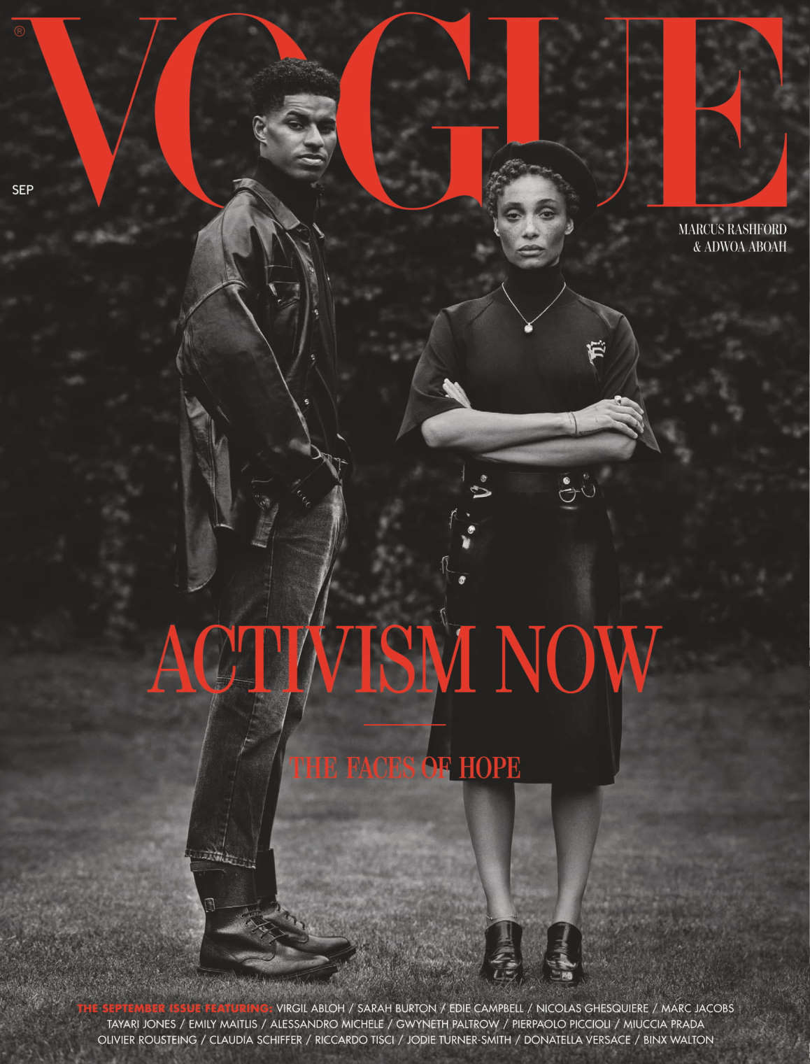 Vogue magazine cover featuring two people with 'Activism Now' text.