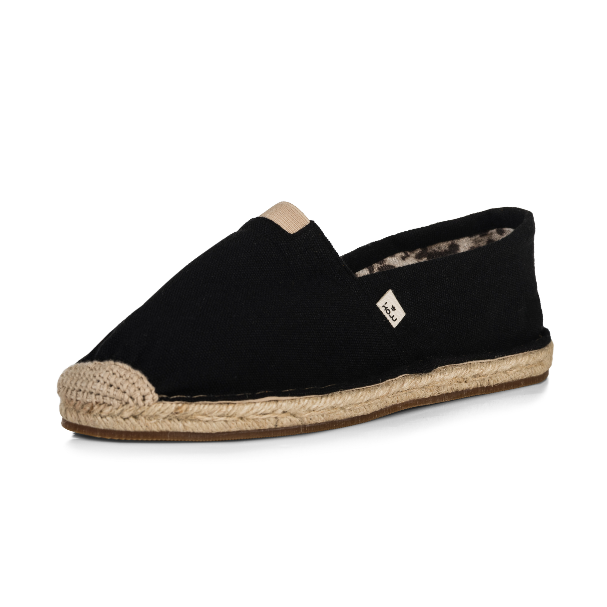Black espadrille shoe with jute sole and animal print detail on a white background