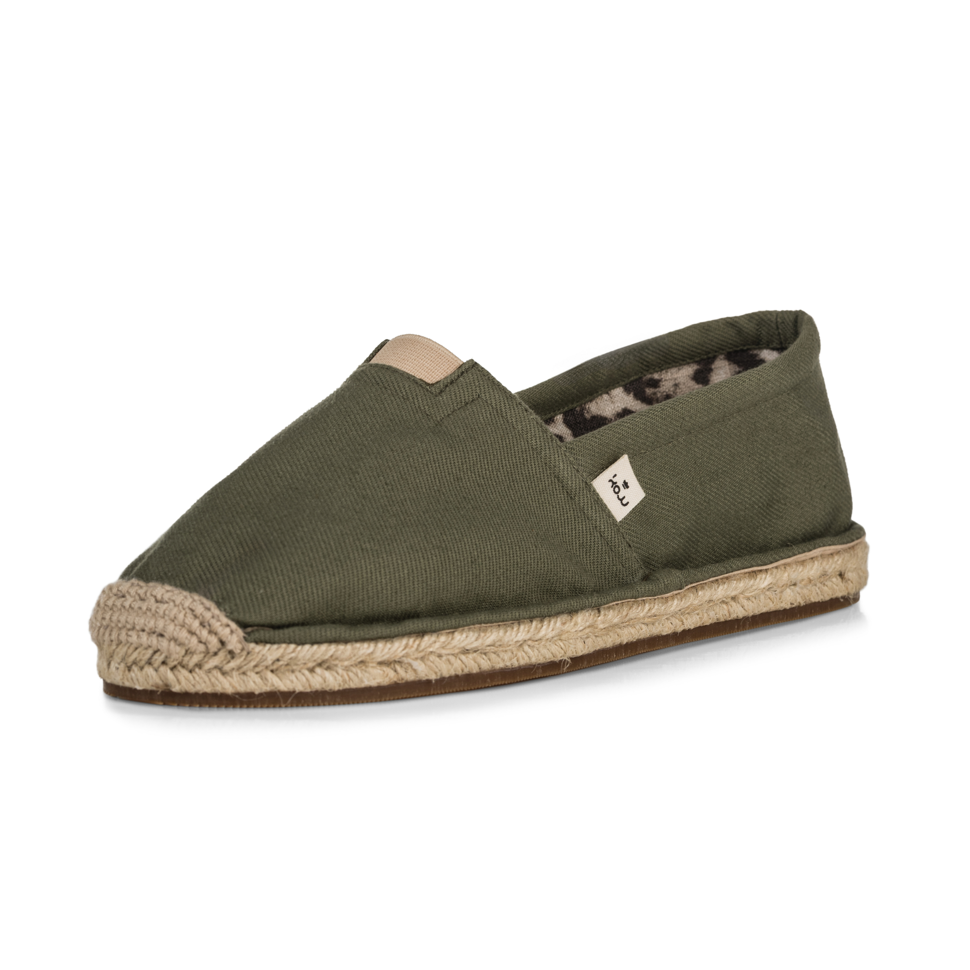 Olive green espadrille shoe with jute sole on a white background
