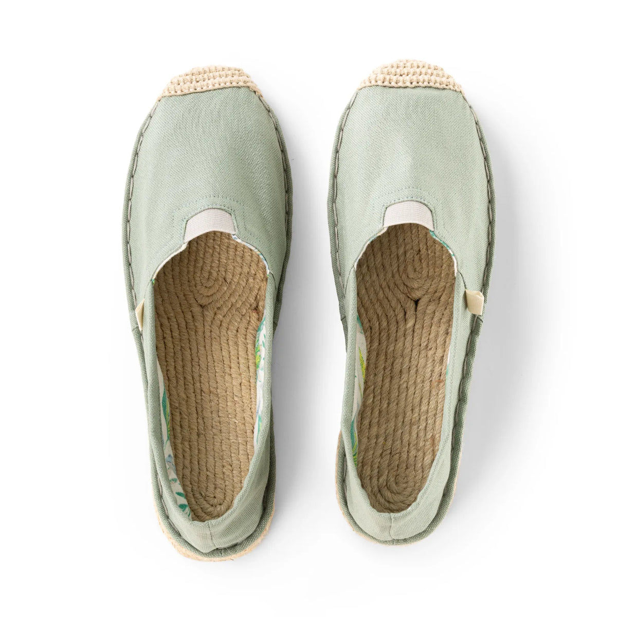 Handmade espadrilles for women in pale green cotton canvas_top view