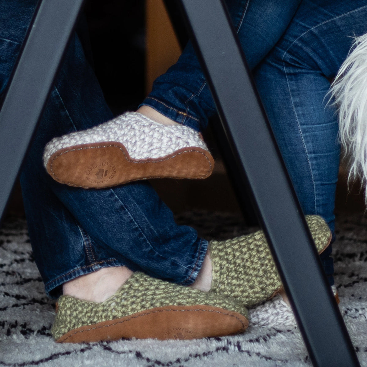 Women wearing handmade wool slippers in green by Kingdom of Wow