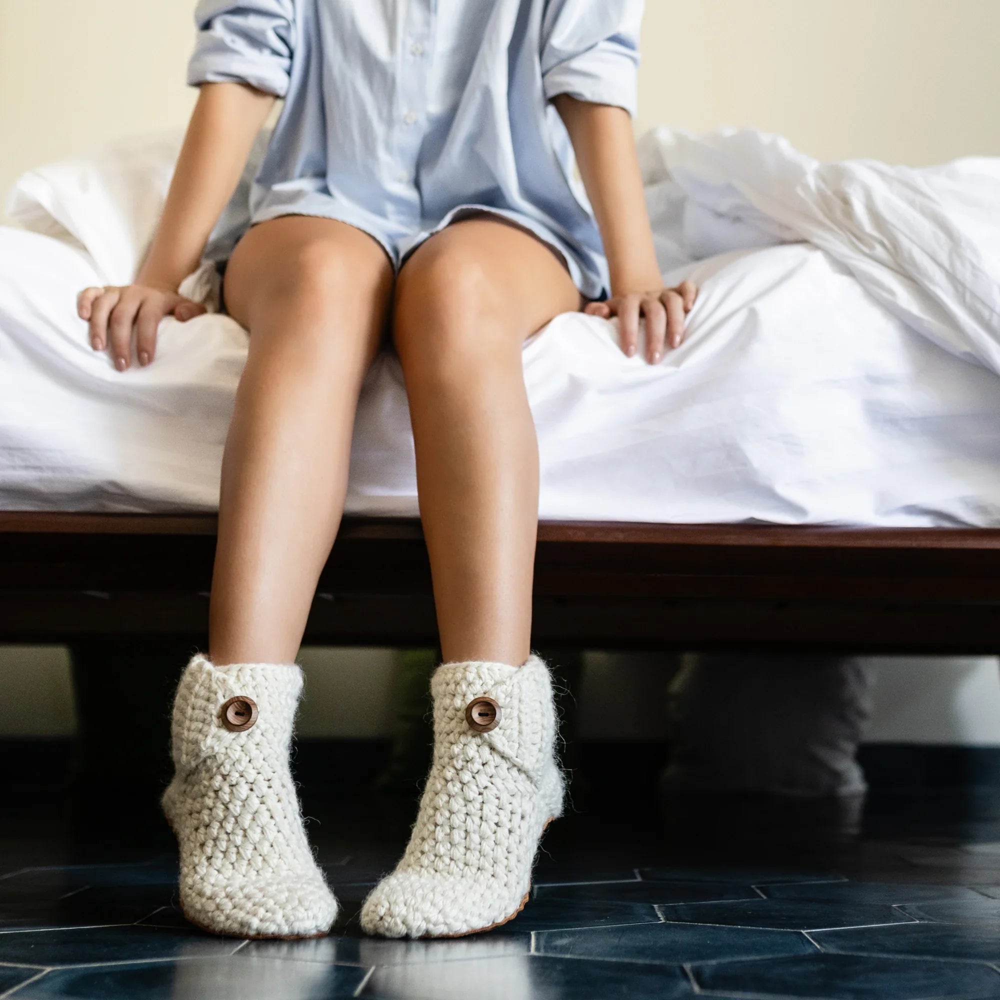 Classic white high top bootie wool slipper bed life